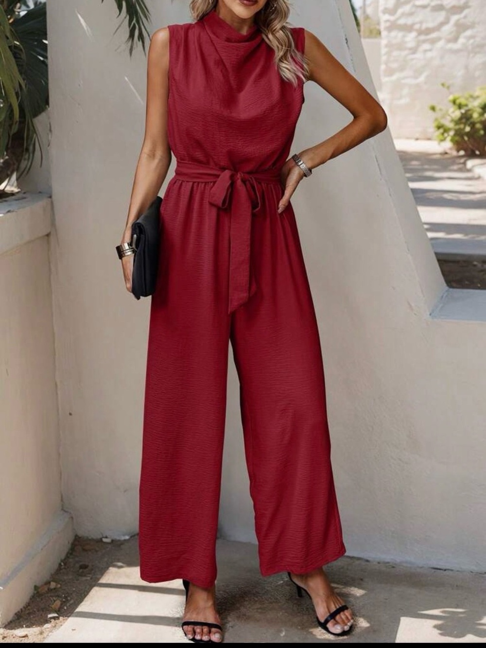 Red Sleeveless Tie-Waist Wide-Leg Jumpsuit